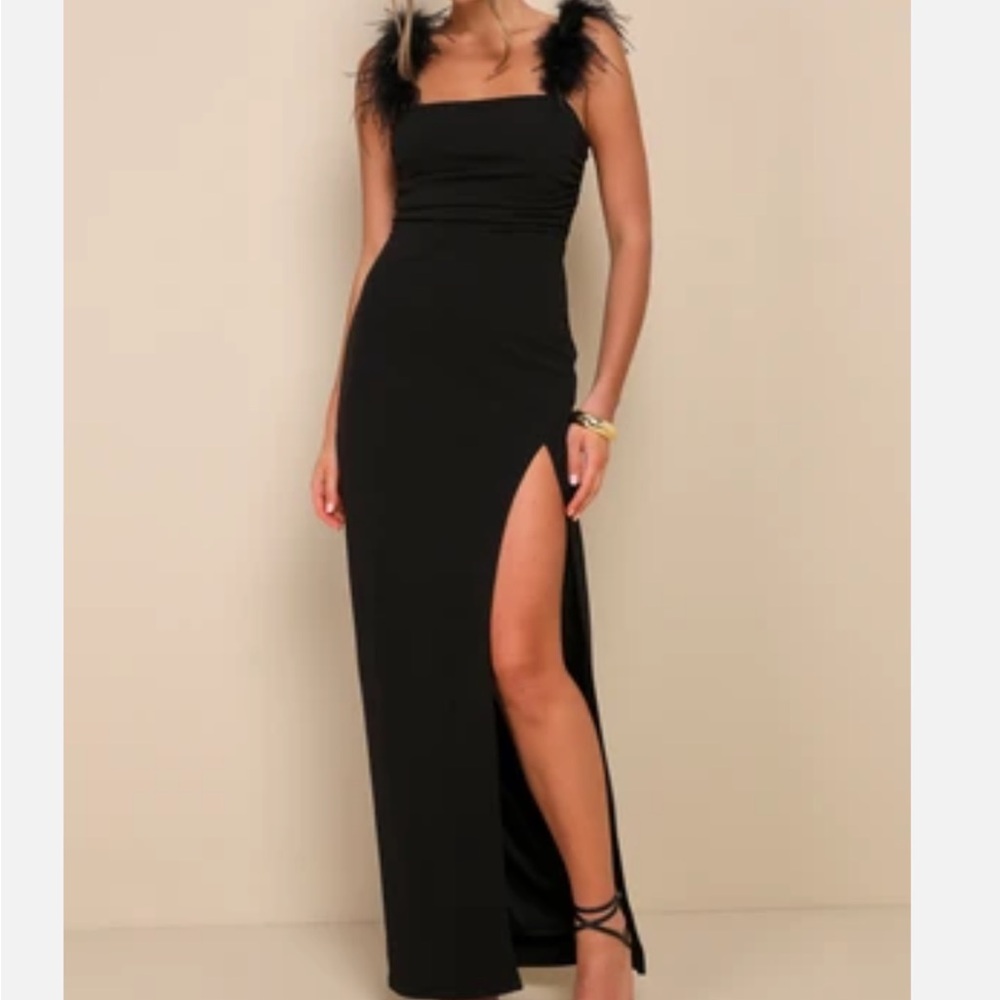 Lulu's Black Feather-Trim Maxi Dress with High Side Slit